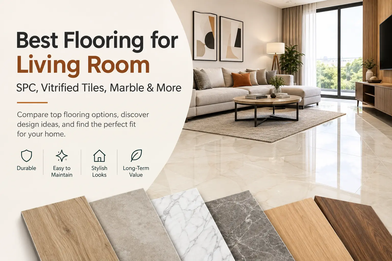 Best Flooring for Living Room: SPC, Vitrified Tiles, Marble & More